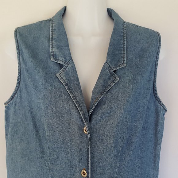 Vintage 90s Chambray Dress Women's 10 Blue Midi Sleeveless Button Front Cotton - Picture 7 of 14